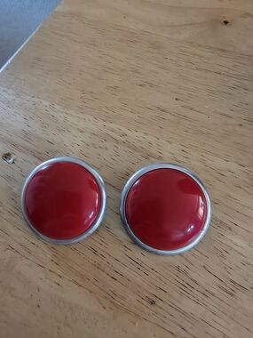 Vintage Clip On Earrings Button Red Silver 1950's 1960's Large Costume Jewelry
